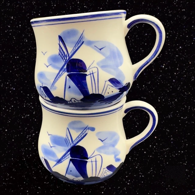 Vintage Delft Mug Coffee Cup Blue Dutch Flower Hand Painted Set 2 Ceramic 3”T 4”