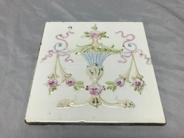 One Antique Single Ceramic Tile Floral 6x6 Thick Urn Shabby VTG Chic 1010-23B
