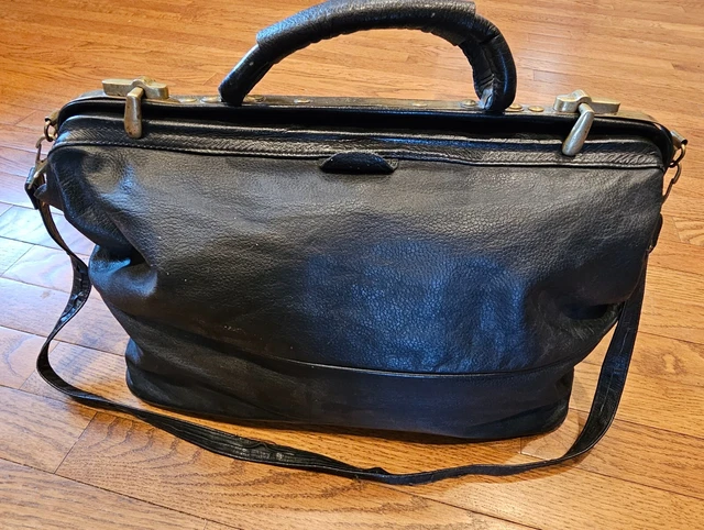 Antique rare black leather doctor’s bag w/brass hardware & shoulder strap
