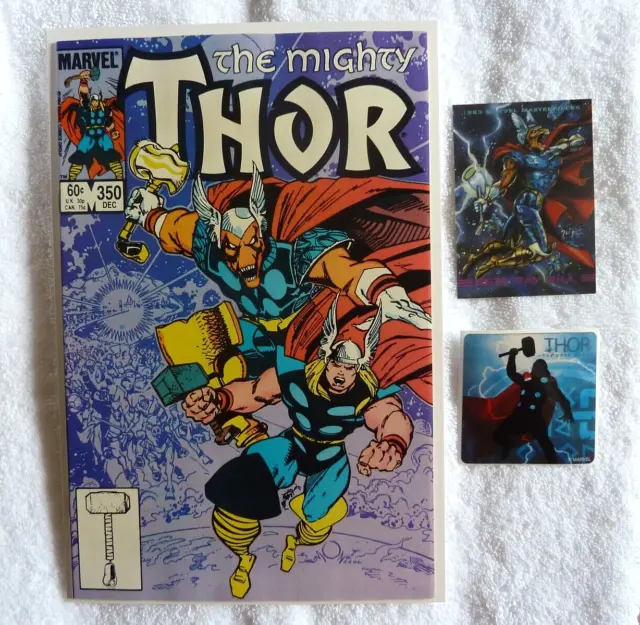The Mighty Thor issue #350 cleaned/pressed, NM with Beta Ray Bill card, sticker