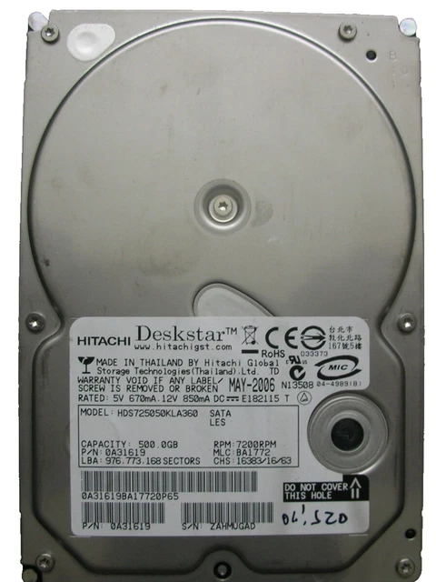 Disque Dur Hitachi HDP725050GLA360 500 Go 3.5 SATA – Pour Pièces (HS)