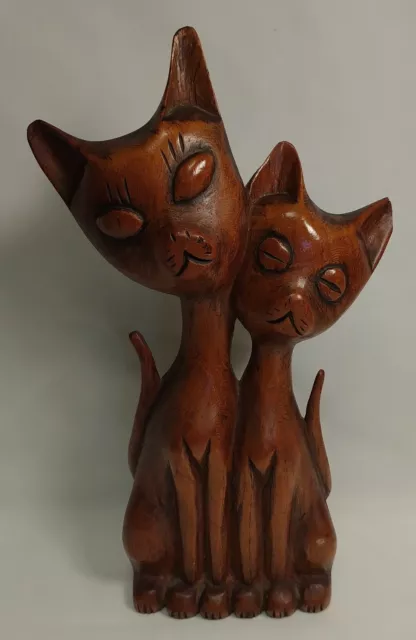 Vintage Mid-Century Siamese Cat Figurine Pair Wood Hand Carved