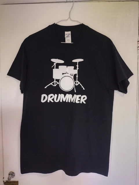 Drummer T-Shirt Black - White Drum Kit siloette Print Men's Music Gift - Size M
