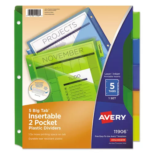 Avery Insérable Grand Onglet Plastique 2-Pocket Diviseur, 5-Tab, 11.13 X 9.25,