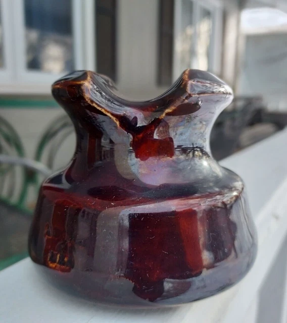 Ceramic / Porcelain Insulator - LOCKE 2 USA - CABLE TOP - DEEP RED / BROWN GLAZE 2