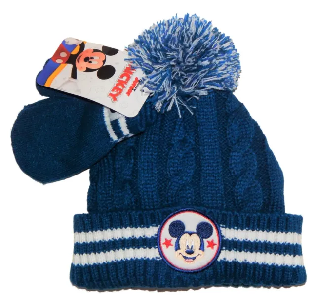 MICKEY MOUSE DISNEY JR. Kids Cuffed Cable Knit Pom Beanie Hat & Mittens Set  $20
