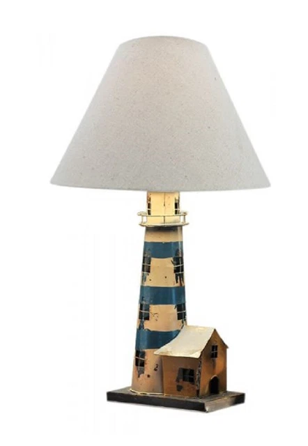 Leuchtturm Lampe, Maritime Tisch Lampe, Metall Blau/Beige 50 cm