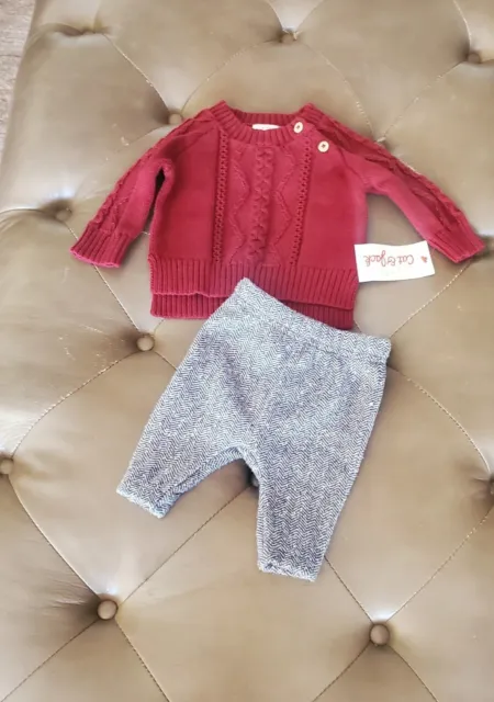 Cat & Jack/Carters Baby Girl's Cable Knit Sweater & Bottoms Size Newborn..MAROON