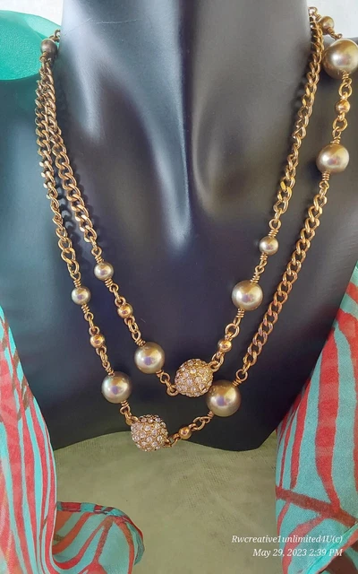 J Crew Necklace 32" Crystal Balls Fx Pearls Goldtone Chains Cpics C620+items