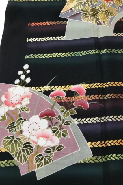 @@Japanese vintage kimono/ tomesode black silk fabric/ folding fans, gold P21 3