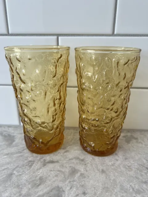 Set Of 2 Vintage Anchor Hocking Amber Lido Milano 8 Oz Drinking Glasses Crinkle