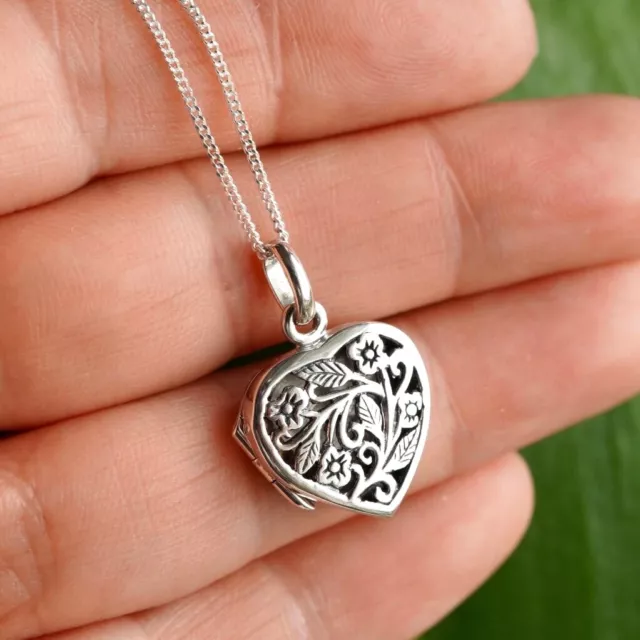 Filigree 925 Sterling Silver Heart Photo Locket Pendant Necklace