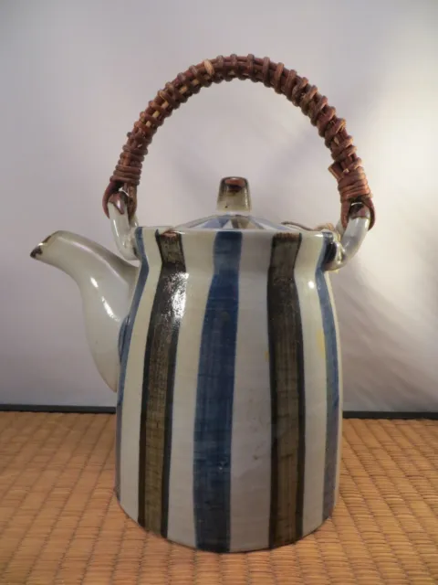 Large Vintage Japanese Blue White Brown Black Striped Ceramic Teapot Japan 7"