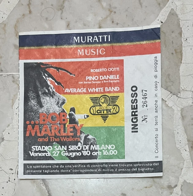 Biglietto Ticket Bob Marley & The Wailers Con Pino Daniele Milano San Siro 1980