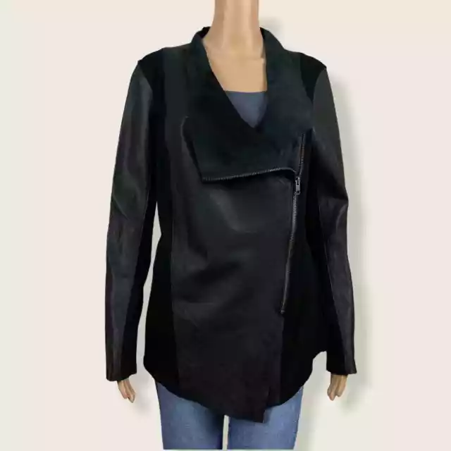 Michael Stars Moto Leather Jacket MEDIUM Black Shawl Collar Stretch Knit Panels
