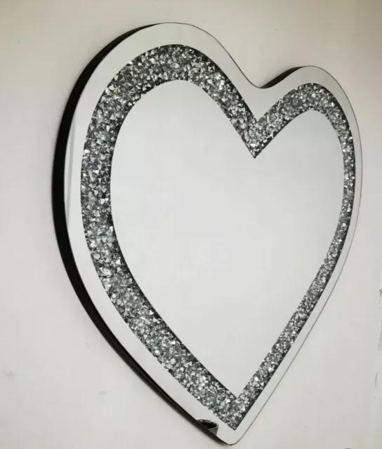 Large Love Heart Shaped Wall Mirror Sparkly Silver Diamond Crushed Crystal 80x70