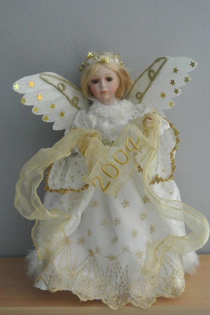 Beautiful Porcelain Angel Doll w. 2004 Banner (removable) - 16" w. Stand