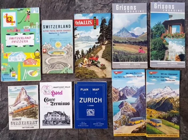 11x alte Landkarten SCHWEIZ Reiseführer Werbung Touristik Stadtplan 1960er Rekla