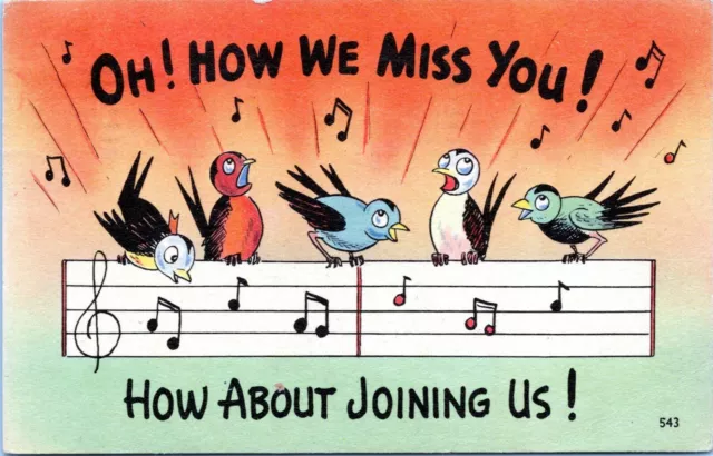 Comic Postcard Oh How We Miss You Singing Birds Colourpicture 543 Linen 1940s BH