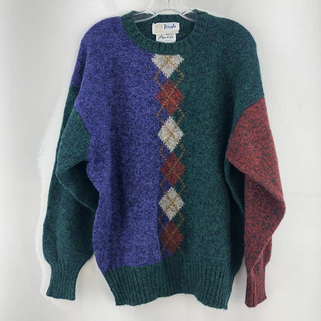 VTG Pringle of Scotland Green Wool Argyle Crewneck Pullover Sweater Men XL