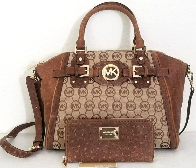 🌞Michael Kors Hudson Mocha Ostrich Logo Lg Satchel Bag+/Or Matching Wallet🌺Nwt