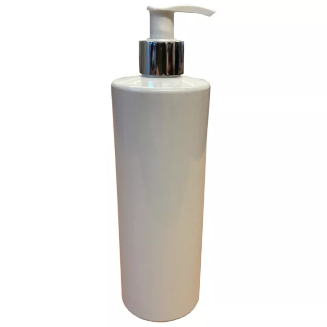 Glossy White 500ml  PET Plastic Bottle + Silver/Black Lotion Soap Pump Dispenser