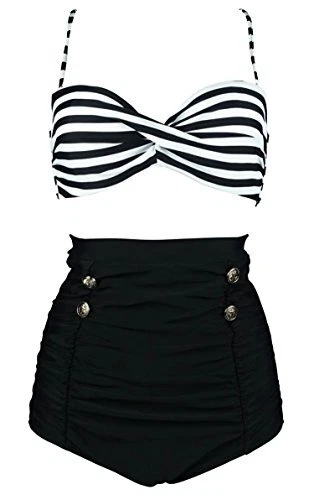 COCOSHIP Black & White Stripe High Waisted Bikini Buttons Vintage Bathing Suit