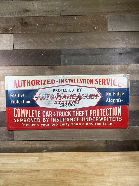 Vintage Auto-Matic Alarm Systems Red White And Blue Painted Metal Sign