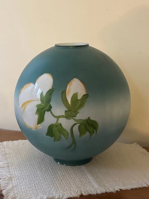 Antique Hand Painted GWTW 12" Globe Lamp Shade Aqua w Cotton Flowers 4" Fitter