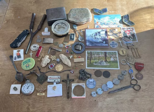 Junk Drawer Lot Vintage Gettysburg Postcard Arrowheads Pocket Watch Knife Coin