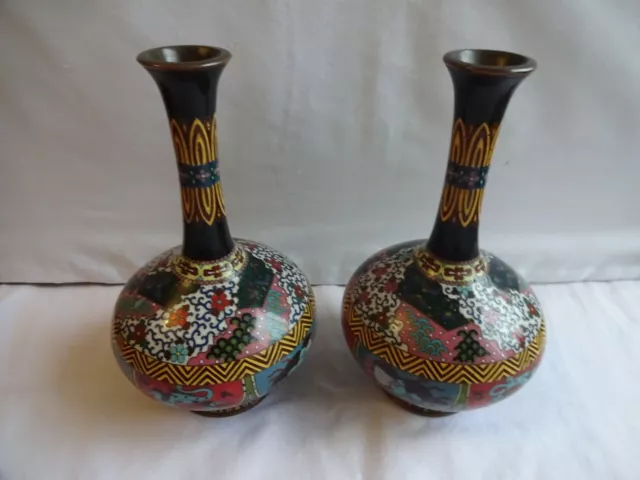 Beautiful Pair Antique Japanese Meiji Cloisonne Vases Dragons & Phoenix 18x11 cm