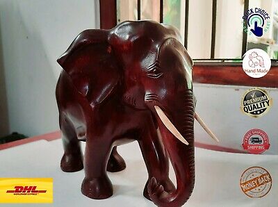 Wood WILD Elephant Sculpture Vintage Wooden Figurine Lucky Statue Hand Craft 12"