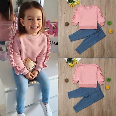 2PCS Toddler Kids Baby Girls Ruffle Tops Denim Pants Suit Winter Outfits Clothes