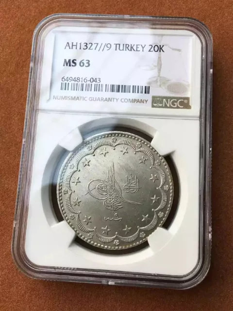 NGC MS63 Ottoman Empire Turkey 1916 AH1327/9 twenty 20 kurush Silver Coin
