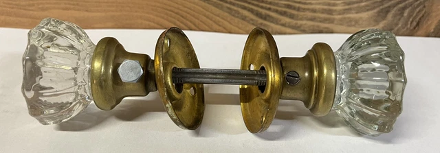 Beautiful Pair Antique Victorian 12 Point Cystal Glass Door Knobs/Brass