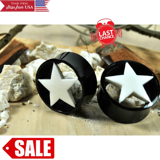 PAIR Star Horn Organic Handcarved Flesh Tunnel Double Flared Ear Plugs 2G-1" USA