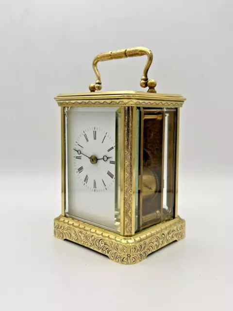 ANTIQUE GENUINE FRENCH ENGRAVED STRIKING BRASS CARRIAGE CLOCK by PONS - WORKING 3