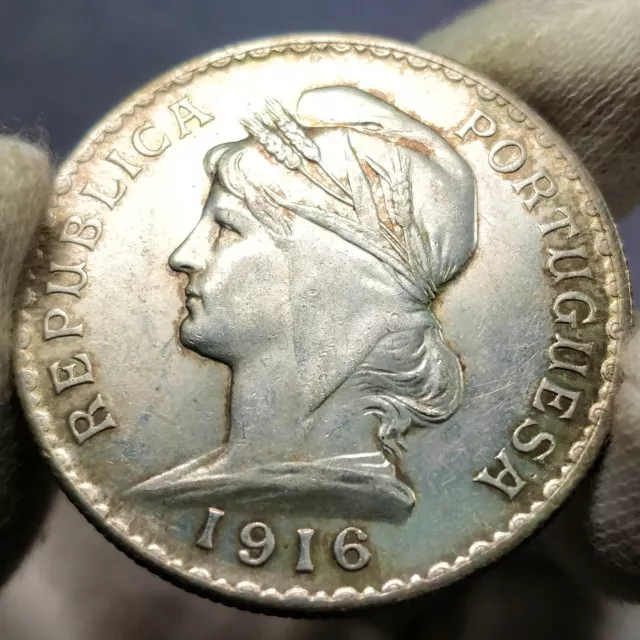 🙂 Portugal 1 Escudo Plata 1916 KM.564 UNC Tonificación Dorada