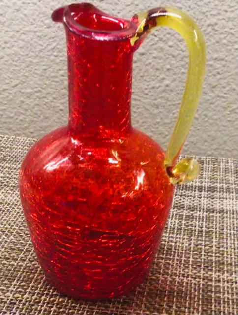 MCM Ruby Red crackle blown art glass pitcher bud vase clear applied handle 5"