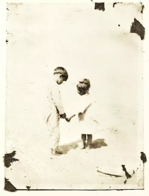 Vintage Old 1940s Abstract Photo of a Little Boy & Girl Silhouette Against White