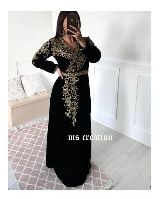 Sale Dubai Moroccan Velvet Kaftan Fish Cut Arabic Abaya Hand Beaded Caftan 061