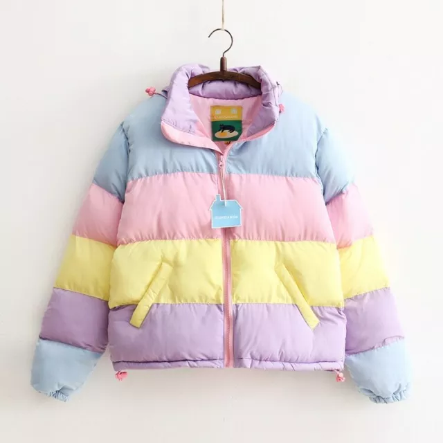 Women Winter Rainbow Pastel Color Jacket Parka Girl Harajuku Oversized Coat Warm
