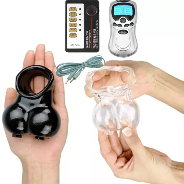 E-Stim Shock Ball Stretcher Chastity Cage Scrotum Male Time Delay Lock Device SM