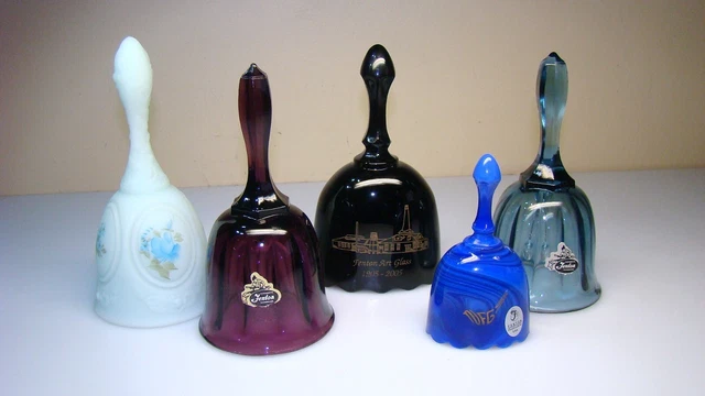 Fenton Glass Bell Collection 5 Hand Painted Bells Burmese Black Blue Glass Lot