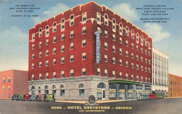 Rome GA Georgia, Hotel Greystone Advertising, Old Cars, Vintage Postcard
