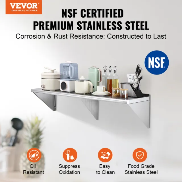 VEVOR 60" x 14" Stainless Steel Wall Mounted Shelf Kitchen Restaurant Shelving 2