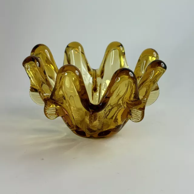 Vintage Amber Hand Blown Glass Candy Trinket Dish 4" 8 Finger