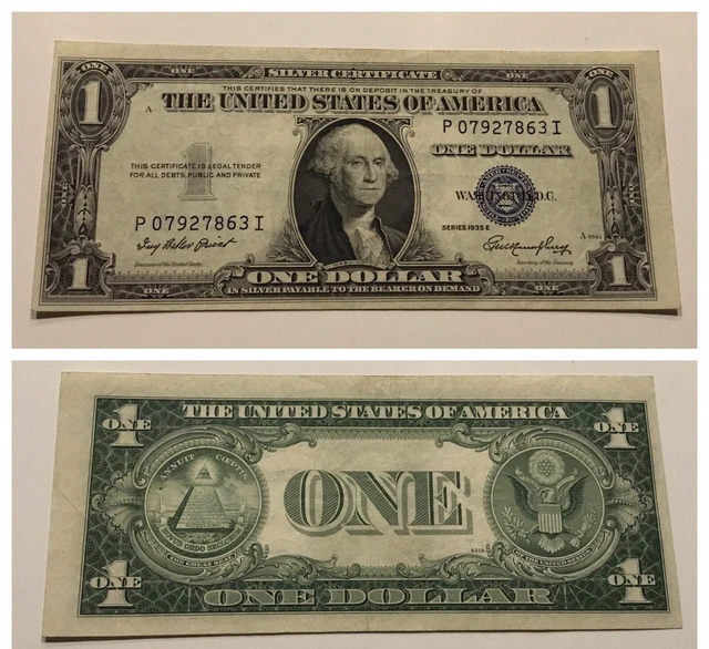 Vintage $1 1935-E Silver Certificate One Dollar Bill $1 Washington Blue Seal Vnc