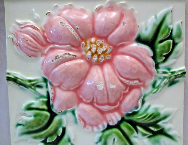 Majolica Tile Vintage Art Nouveau Ceramic Glazed Saji Japan Embossed Rose #465 2