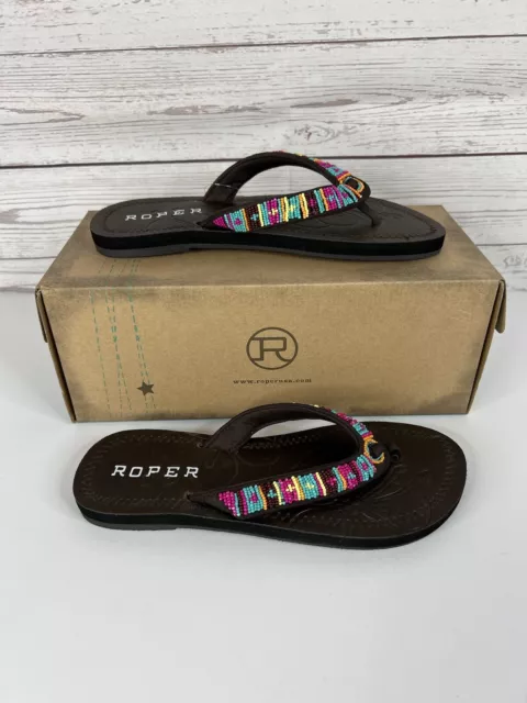 Roper Womens Cora Beaded Strap Thong Sandals Size 7 Brown Multicolor Beads